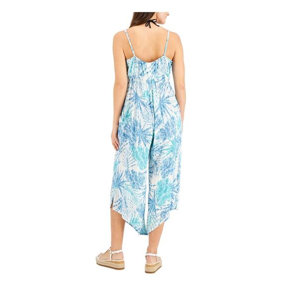 J. VALDI Women's Blue Tie Pocketed Jumpsuit Deep V Neck Swimsuit Cover Up M - Picture 2 of 2